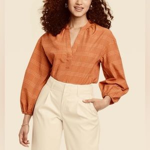 🧡 NWT! A New Day Orange Plaid Popover Blouse